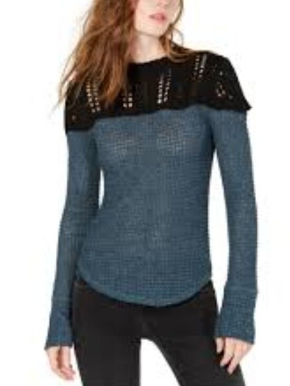 Free People Blue and Black Knit Snowflake Sweater - Size - Large